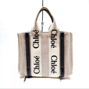 Chloe Small Woody Tote Bag Dark Navy/Black  & White Linen Crossbody EUC